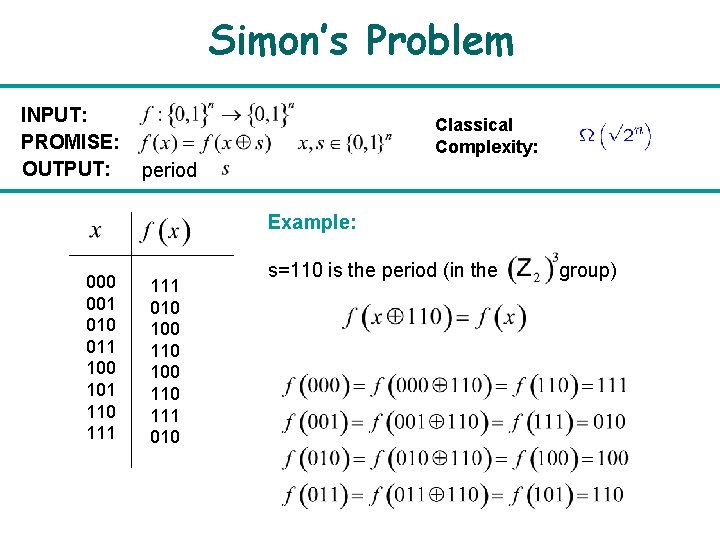 Simon’s Problem INPUT: PROMISE: OUTPUT: Classical Complexity: period Example: 000 001 010 011 100