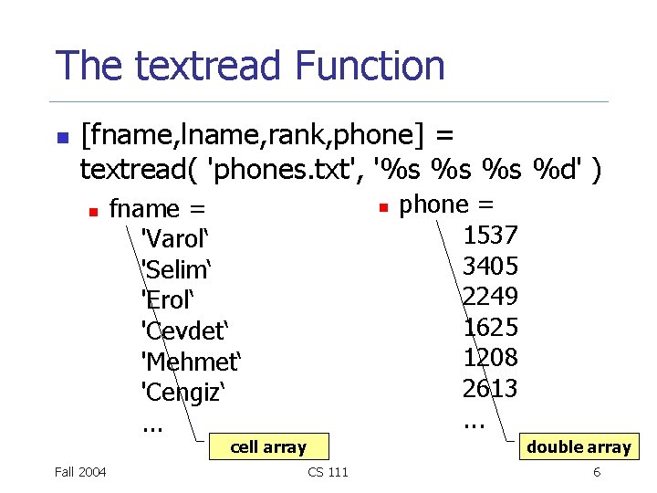 The textread Function n [fname, lname, rank, phone] = textread( 'phones. txt', '%s %s