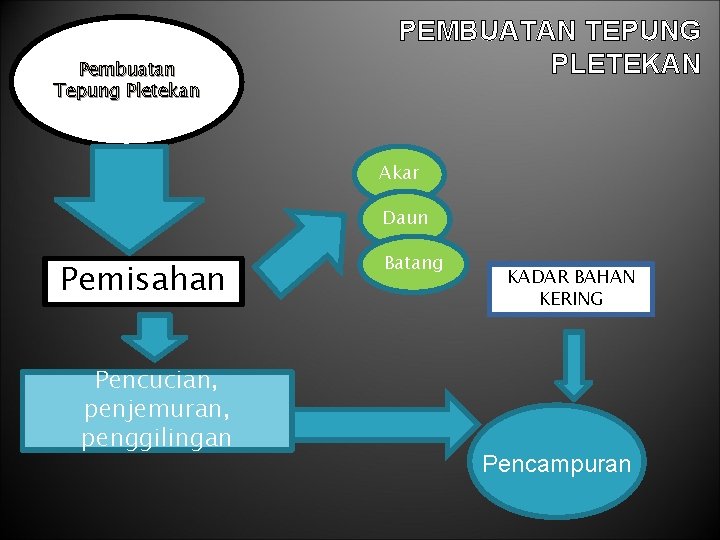 Pembuatan Tepung Pletekan PEMBUATAN TEPUNG PLETEKAN Akar Daun Pemisahan Pencucian, penjemuran, penggilingan Batang KADAR