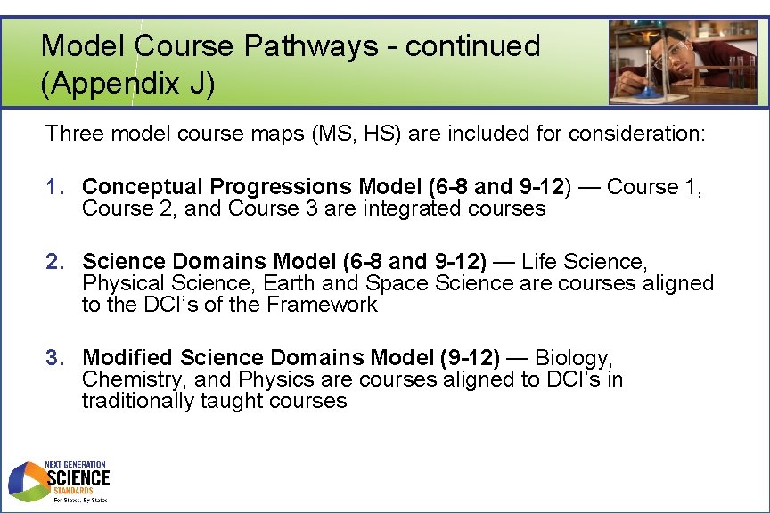 Model Course Pathways - continued (Appendix J) Three model course maps (MS, HS) are