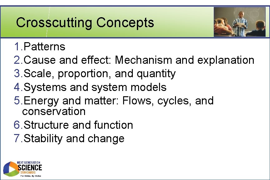Crosscutting Concepts 1. Patterns 2. Cause and effect: Mechanism and explanation 3. Scale, proportion,