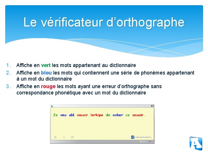 Le vérificateur d’orthographe 1. 2. 3. Affiche en vert les mots appartenant au dictionnaire