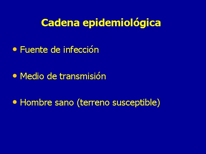 Cadena epidemiológica • Fuente de infección • Medio de transmisión • Hombre sano (terreno
