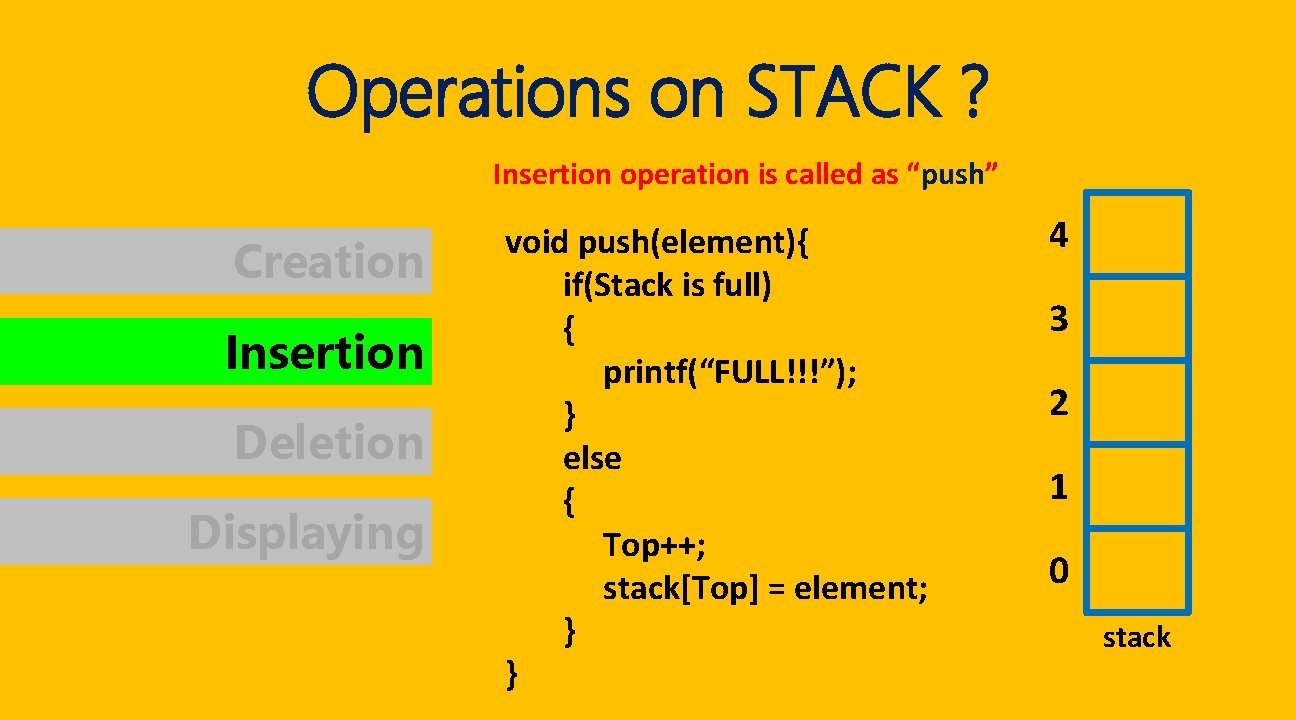 Operations on STACK ? Insertion operation is called as “push” Creation Insertion Deletion Displaying Operations on STACK ? Insertion operation is called as “push” Creation Insertion Deletion Displaying