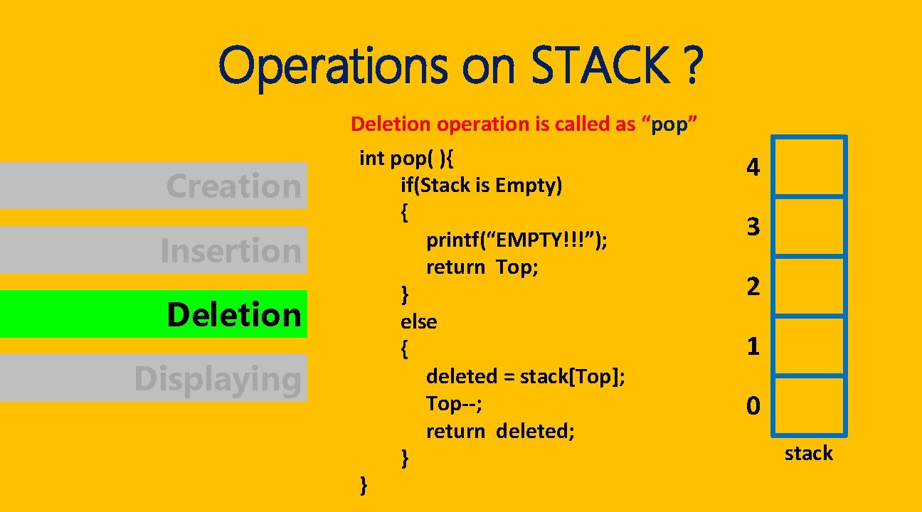 Operations on STACK ? Creation Insertion Deletion Displaying Deletion operation is called as “pop” Operations on STACK ? Creation Insertion Deletion Displaying Deletion operation is called as “pop”