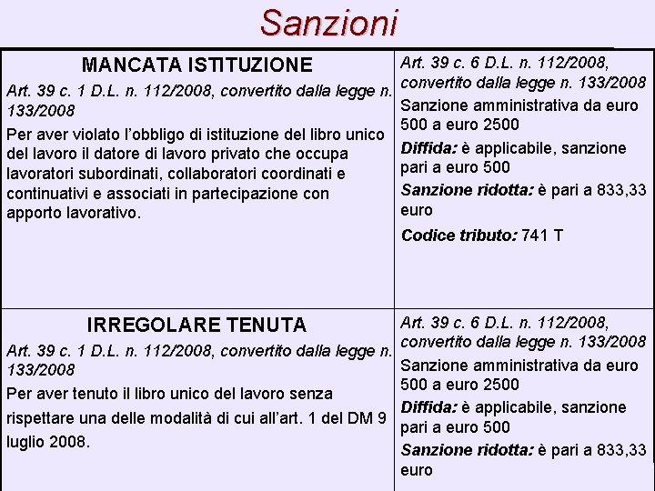 Sanzioni Art. 39 c. 6 D. L. n. 112/2008, convertito dalla legge n. 133/2008