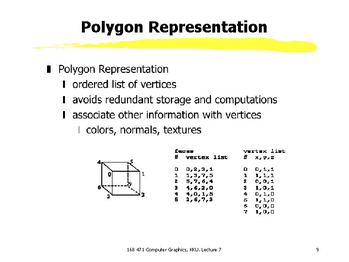 Polygon Representation 168 471 Computer Graphics, KKU. Lecture 7 9 