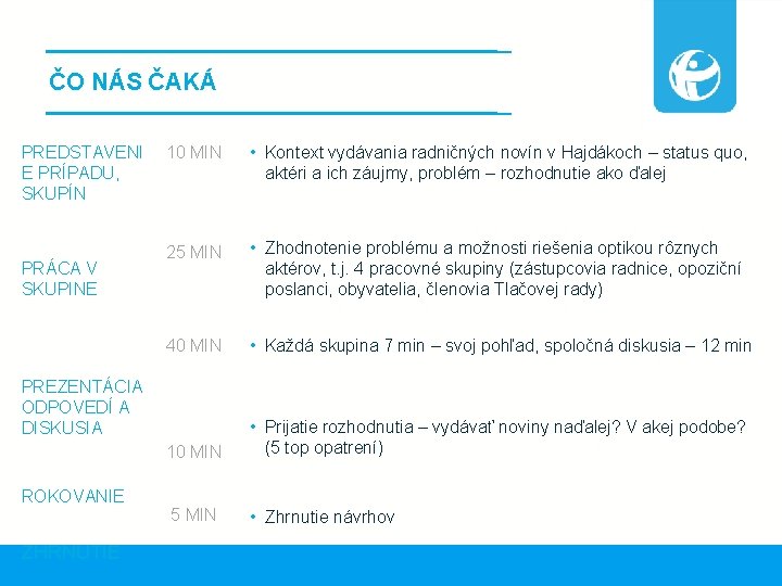 ČO NÁS ČAKÁ PREDSTAVENI E PRÍPADU, SKUPÍN PRÁCA V SKUPINE 10 MIN • Kontext