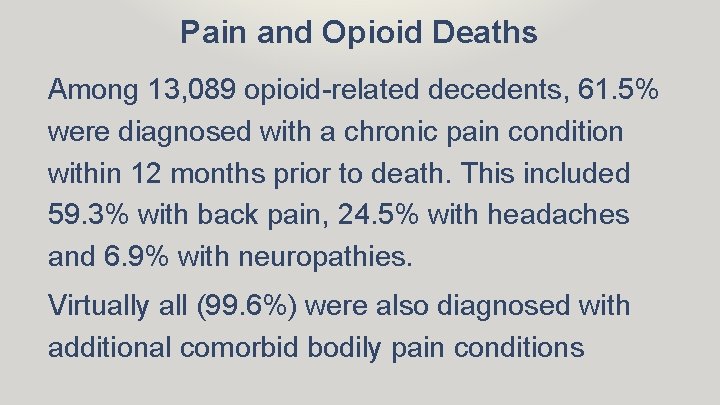 Pain and Opioid Deaths Among 13, 089 opioid-related decedents, 61. 5% were diagnosed with