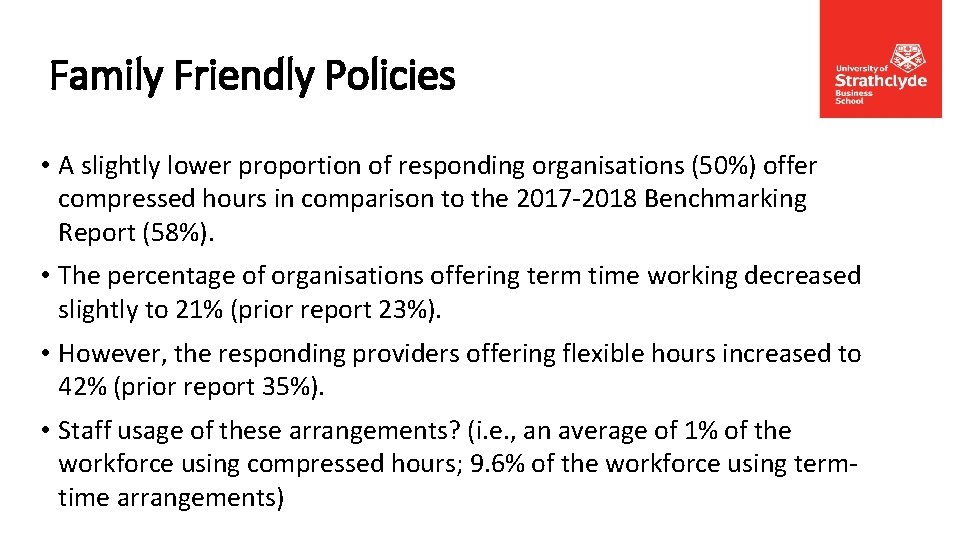 Family Friendly Policies • A slightly lower proportion of responding organisations (50%) offer compressed