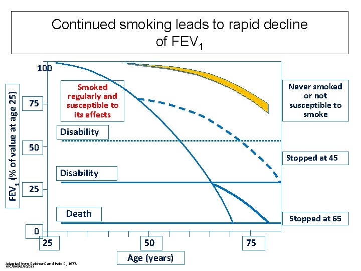 Continued smoking leads to rapid decline of FEV 1 (% of value at age