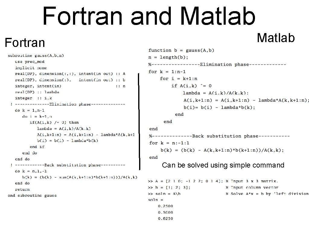 Fortran and Matlab Fortran Matlab Can be solved using simple command 