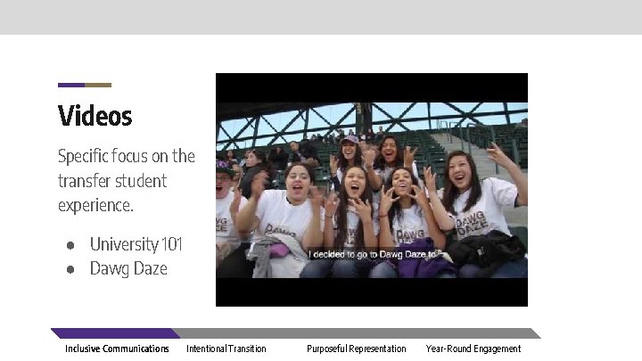 Videos Specific focus on the transfer student experience. ● University 101 ● Dawg Daze