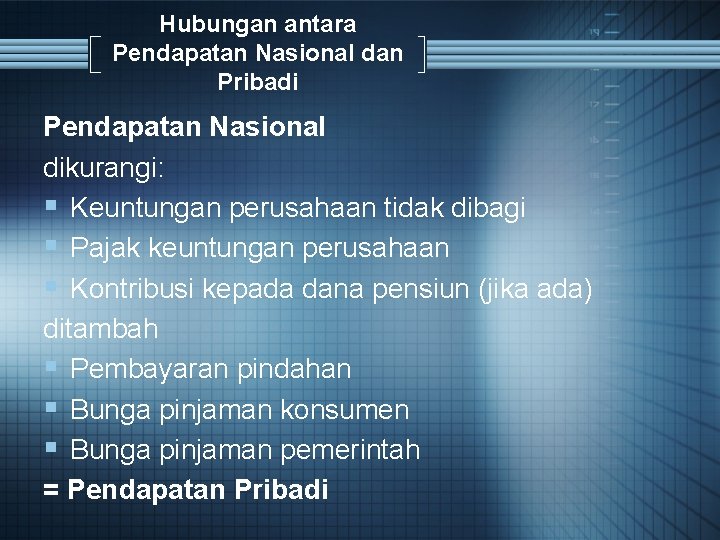 Hubungan antara Pendapatan Nasional dan Pribadi Pendapatan Nasional dikurangi: § Keuntungan perusahaan tidak dibagi
