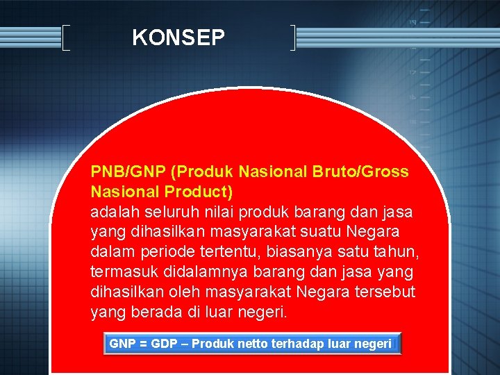 KONSEP PNB/GNP (Produk Nasional Bruto/Gross Nasional Product) adalah seluruh nilai produk barang dan jasa