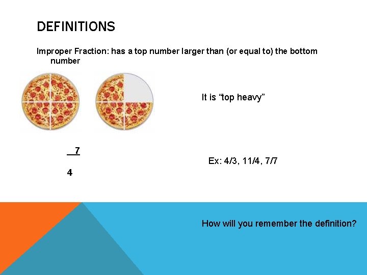 DEFINITIONS Improper Fraction: has a top number larger than (or equal to) the bottom