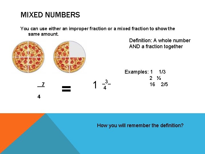 MIXED NUMBERS You can use either an improper fraction or a mixed fraction to