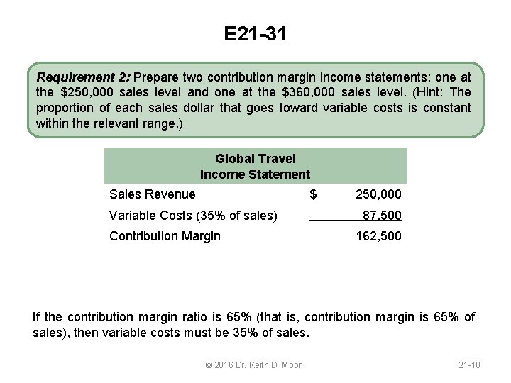 E 21 -31 Requirement 2: Prepare two contribution margin income statements: one at the
