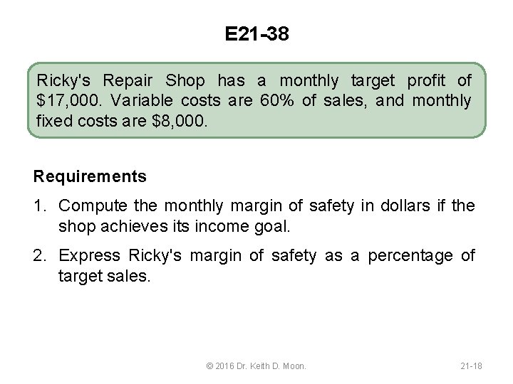 E 21 -38 Ricky's Repair Shop has a monthly target profit of $17, 000.