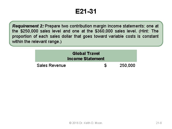 E 21 -31 Requirement 2: Prepare two contribution margin income statements: one at the