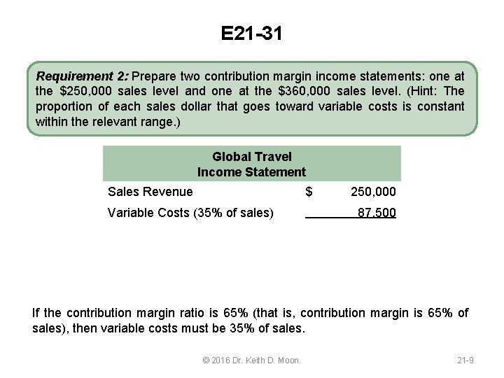 E 21 -31 Requirement 2: Prepare two contribution margin income statements: one at the