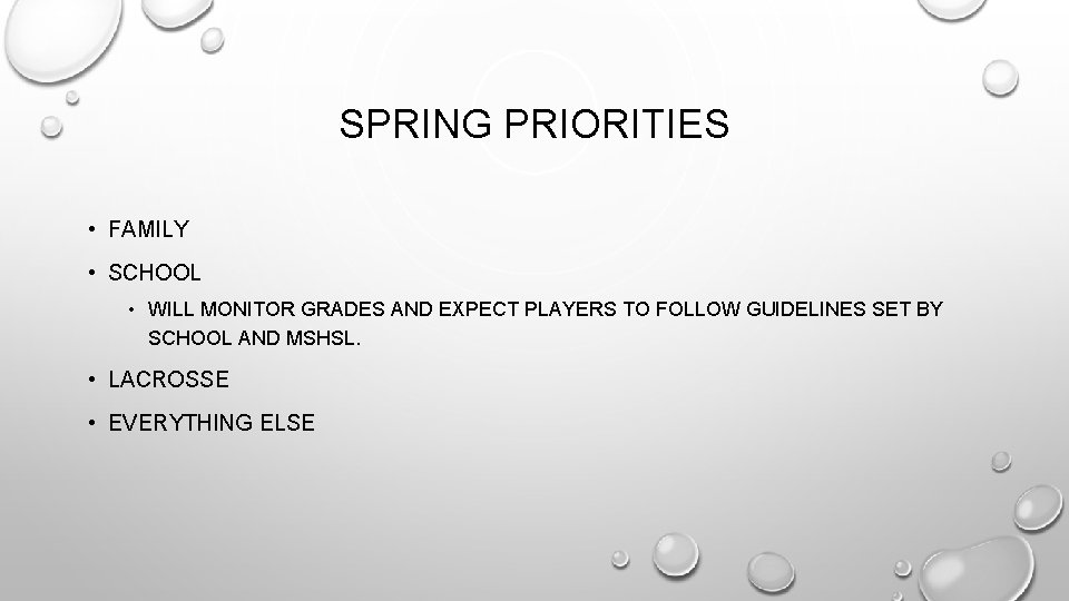 SPRING PRIORITIES • FAMILY • SCHOOL • WILL MONITOR GRADES AND EXPECT PLAYERS TO