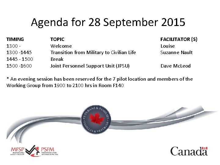 Agenda for 28 September 2015 TIMING 1300 -1445 - 1500 -1600 TOPIC Welcome Transition