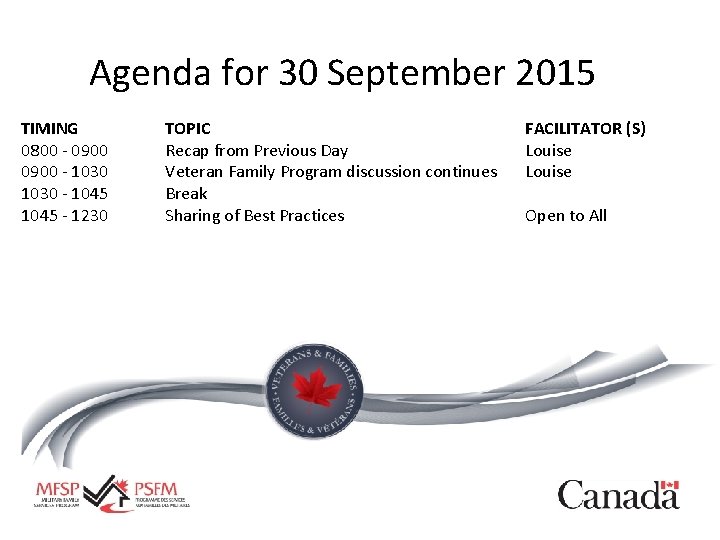 Agenda for 30 September 2015 TIMING 0800 - 0900 - 1030 - 1045 -