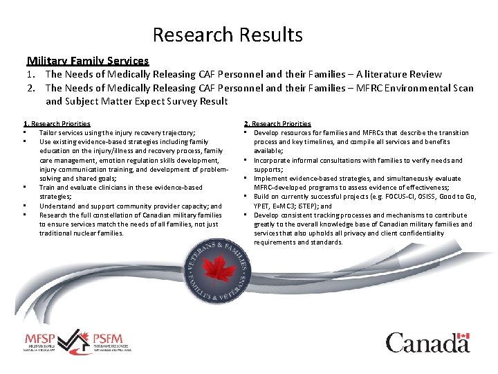 Research Results Military Family Services 1. The Needs of Medically Releasing CAF Personnel and