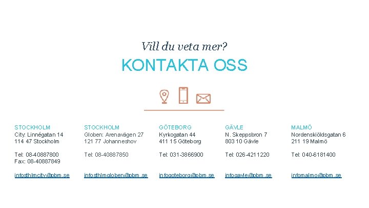 Vill du veta mer? KONTAKTA OSS STOCKHOLM City: Linnégatan 14 114 47 Stockholm STOCKHOLM
