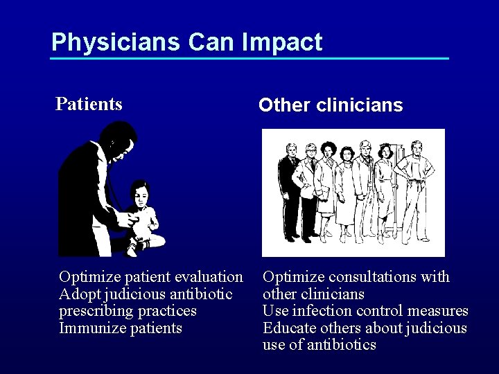 Physicians Can Impact Patients Other clinicians Optimize patient evaluation Adopt judicious antibiotic prescribing practices