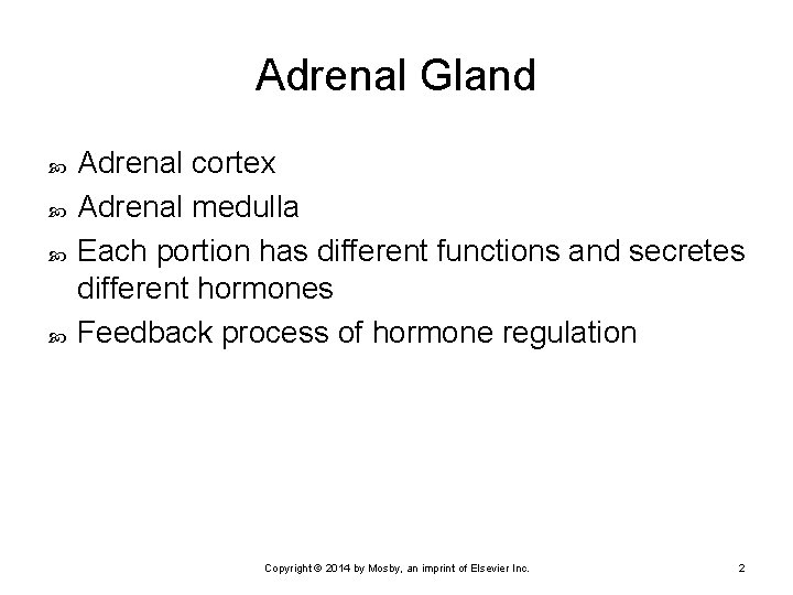 Adrenal Gland Adrenal cortex Adrenal medulla Each portion has different functions and secretes different