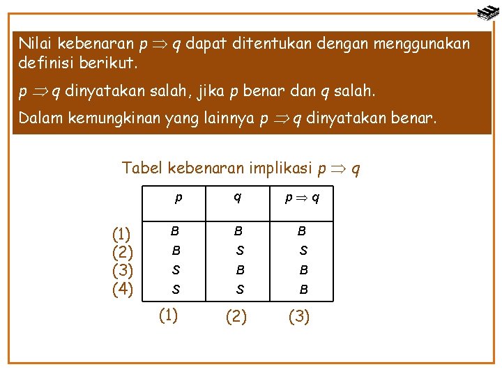 Nilai kebenaran p q dapat ditentukan dengan menggunakan definisi berikut. p q dinyatakan salah,