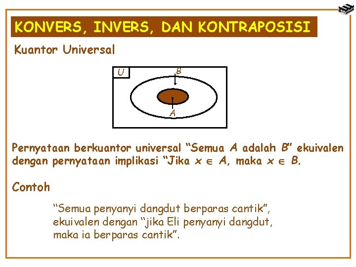 KONVERS, INVERS, DAN KONTRAPOSISI Kuantor Universal B U A Pernyataan berkuantor universal “Semua A