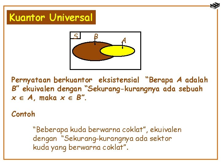 Kuantor Universal S B A Pernyataan berkuantor eksistensial “Berapa A adalah B” ekuivalen dengan