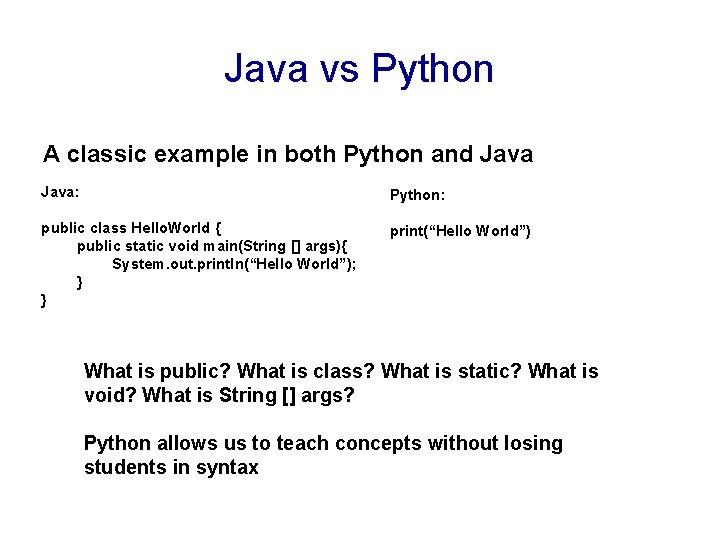 Java vs Python A classic example in both Python and Java: Python: public class