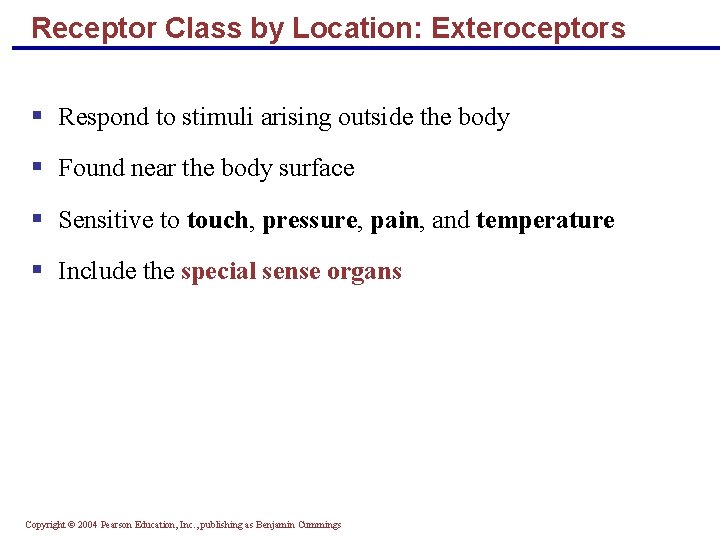 Receptor Class by Location: Exteroceptors § Respond to stimuli arising outside the body §