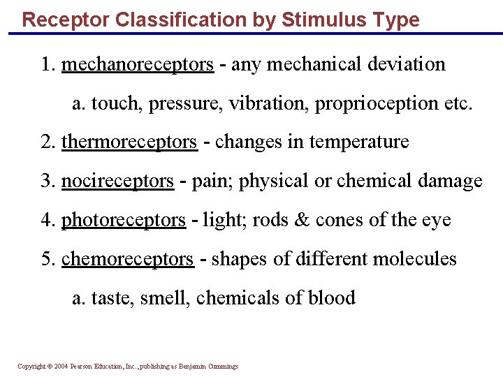 Receptor Classification by Stimulus Type 1. mechanoreceptors - any mechanical deviation a. touch, pressure,