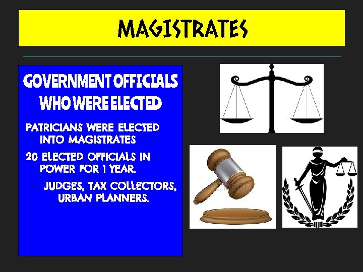 MAGISTRATES GOVERNMENT OFFICIALS WHO WERE ELECTED PATRICIANS WERE ELECTED INTO MAGISTRATES 20 ELECTED OFFICIALS