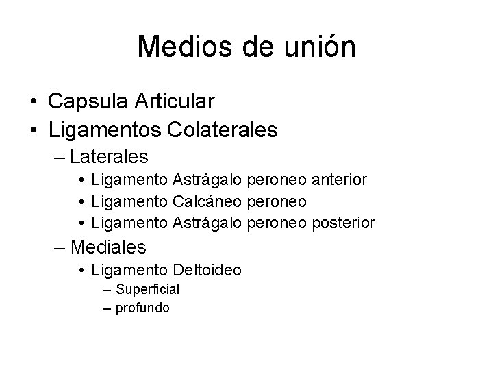 Medios de unión • Capsula Articular • Ligamentos Colaterales – Laterales • Ligamento Astrágalo