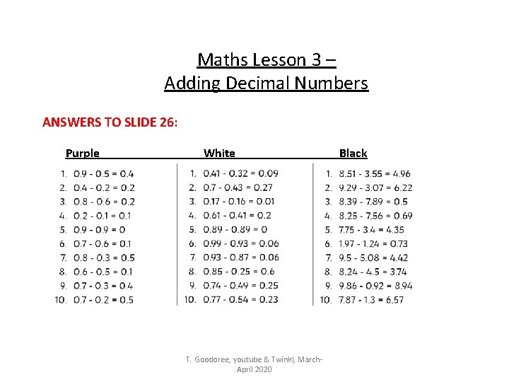 Maths Lesson 3 – Adding Decimal Numbers ANSWERS TO SLIDE 26: Purple White T.