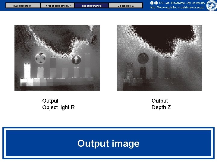 Introduction(3) Proposed method(7) Experiment(5/6) Discussion(2) Output Object light R CG Lab, Hiroshima City University