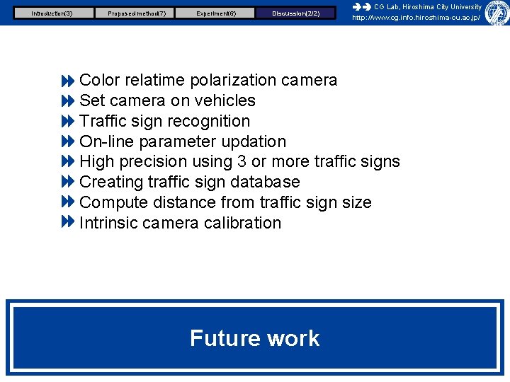 Introduction(3) Proposed method(7) Experiment(6) Discussion(2/2) CG Lab, Hiroshima City University http: //www. cg. info.