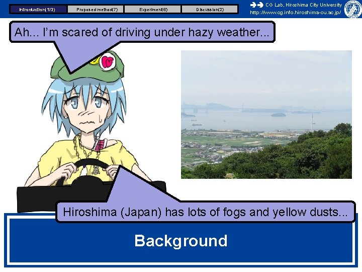 Introduction(1/3) Proposed method(7) Experiment(6) Discussion(2) CG Lab, Hiroshima City University http: //www. cg. info.