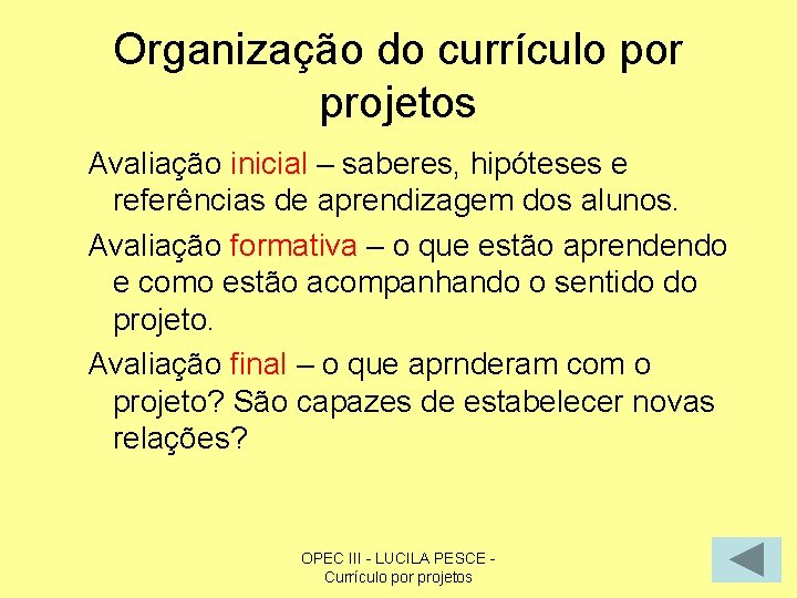 Organização do currículo por projetos Avaliação inicial – saberes, hipóteses e referências de aprendizagem