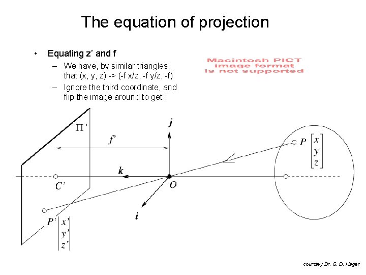 The equation of projection • Equating z’ and f – We have, by similar