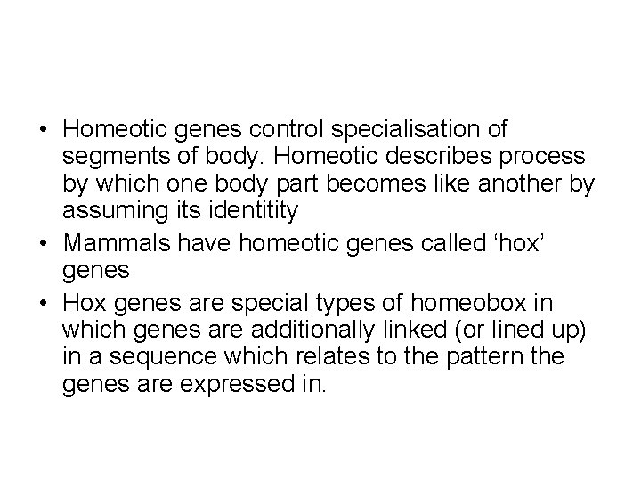  • Homeotic genes control specialisation of segments of body. Homeotic describes process by