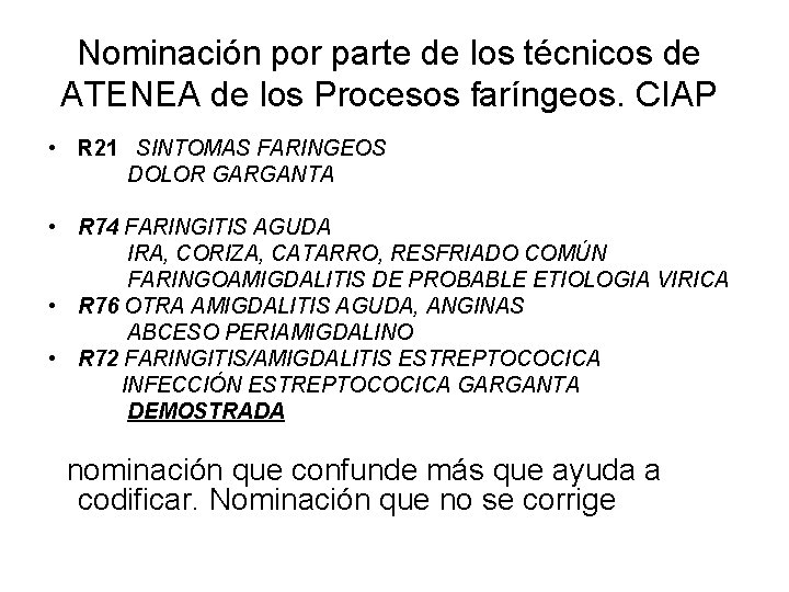 Nominación por parte de los técnicos de ATENEA de los Procesos faríngeos. CIAP •