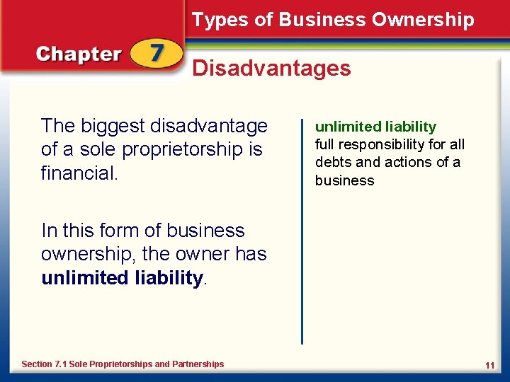 Types of Business Ownership Disadvantages The biggest disadvantage of a sole proprietorship is financial.