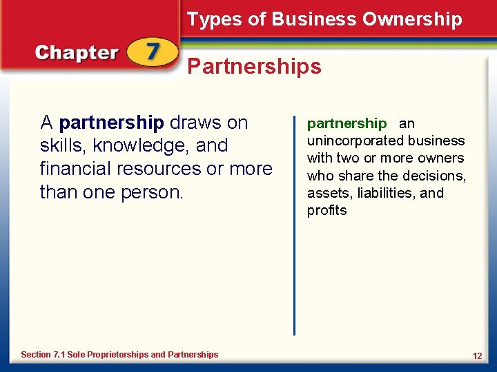 Types of Business Ownership Partnerships A partnership draws on skills, knowledge, and financial resources